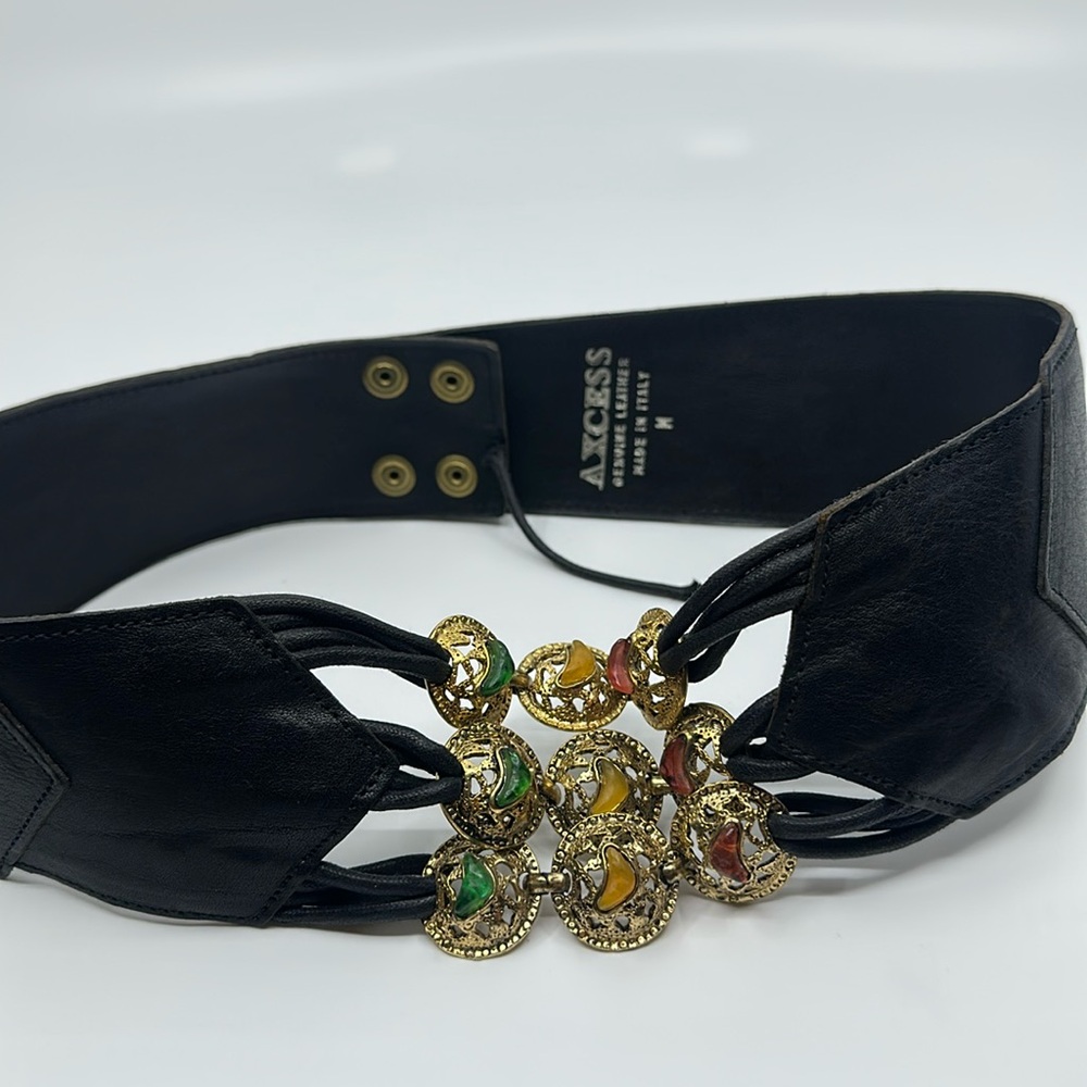 Axcess Black Genuine Leather Waist Belt with Gold and Green Details, Sz M